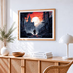 Knight facing a majestic castle at sunset paint by numbers artwork displayed on wall as home decor