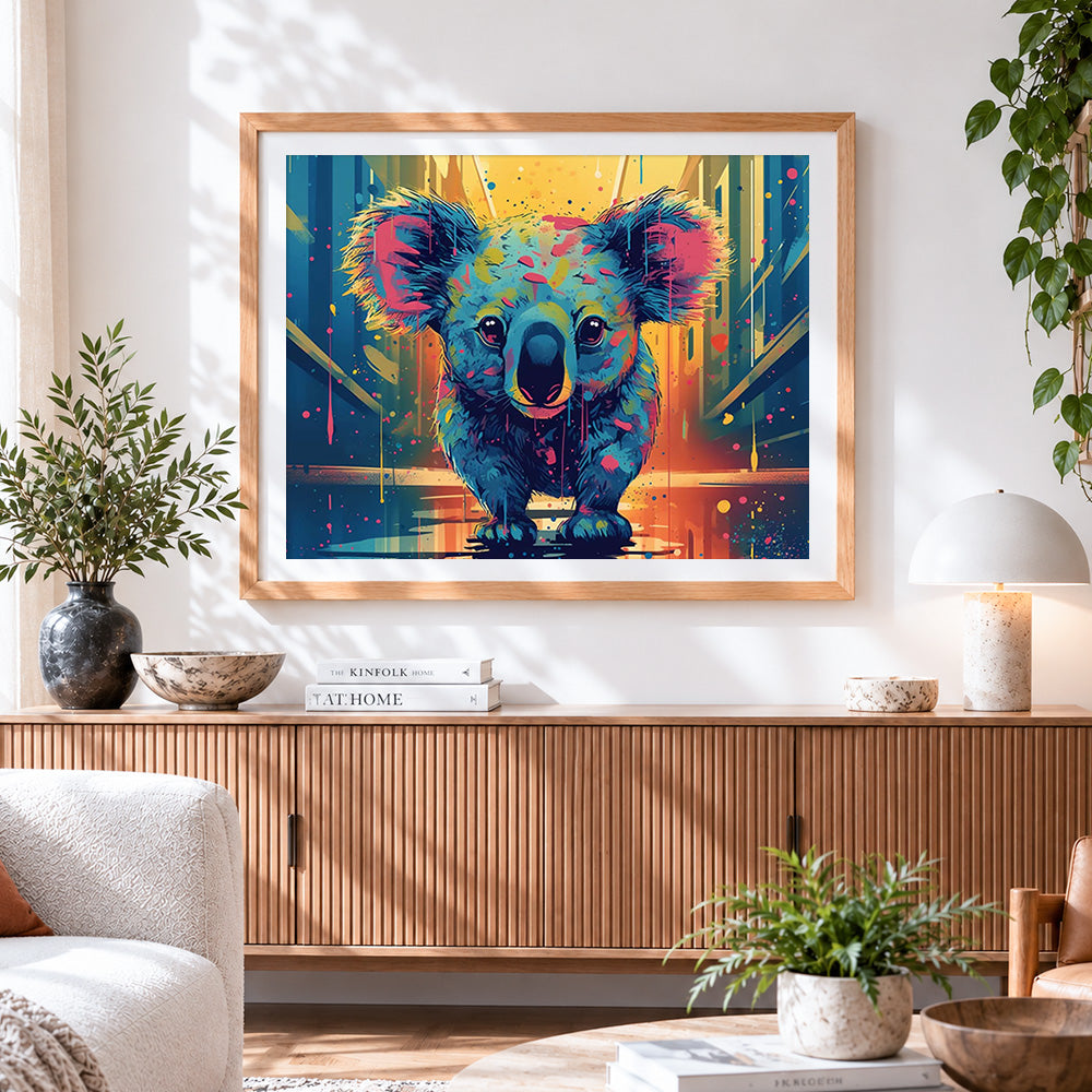 Finished koala in the city cross stitch artwork displayed