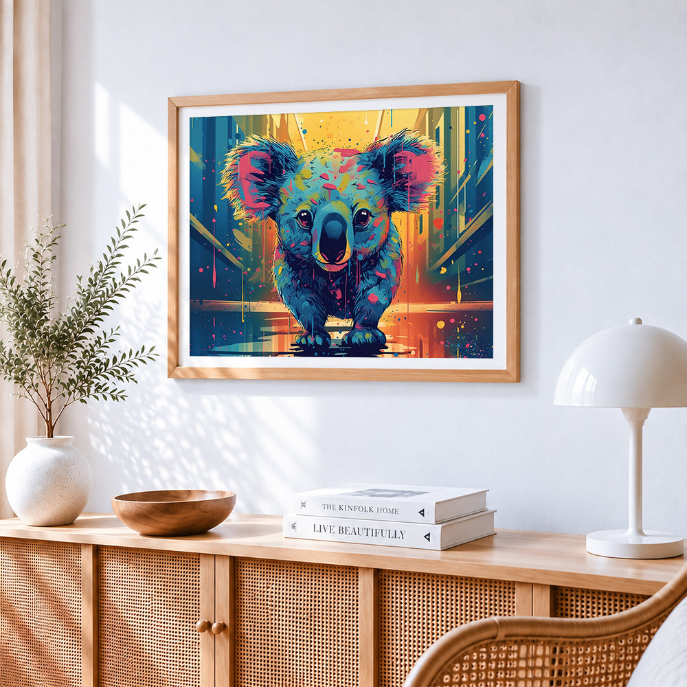 Koala in the city paint by numbers artwork displayed on wall as home decor
