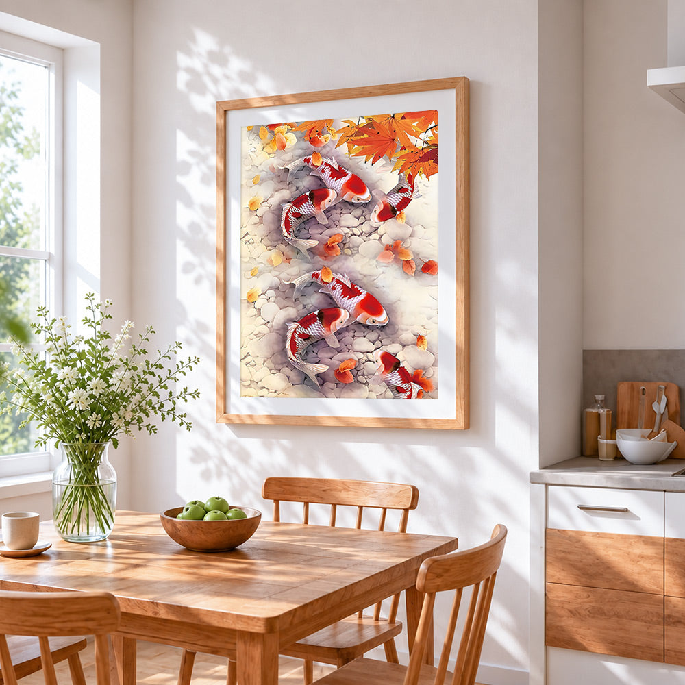 Koi fish and autumn leaves cross stitch artwork displayed on wall as home decor
