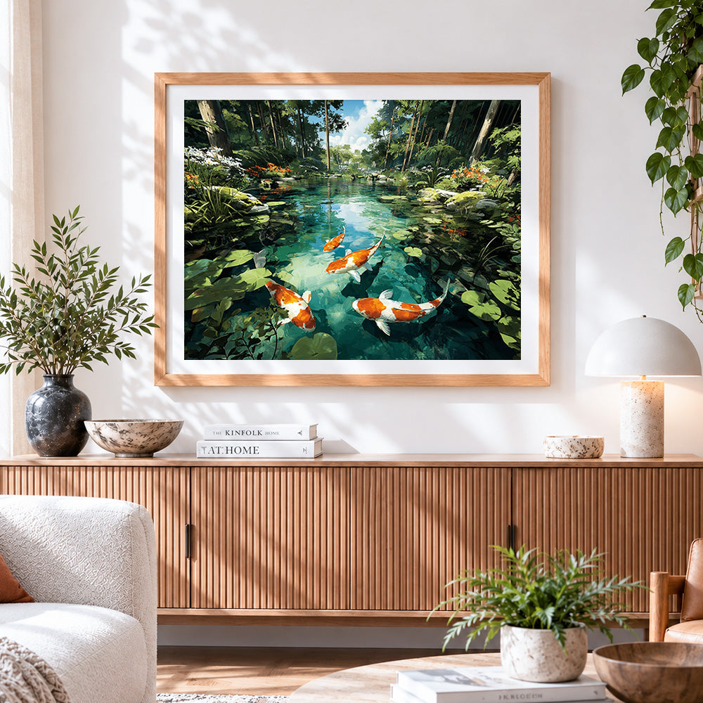 Finished koi fish swimming in a forest pond paint by numbers artwork displayed as home decor