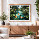 Finished koi fish swimming in a forest pond paint by numbers artwork displayed as home decor