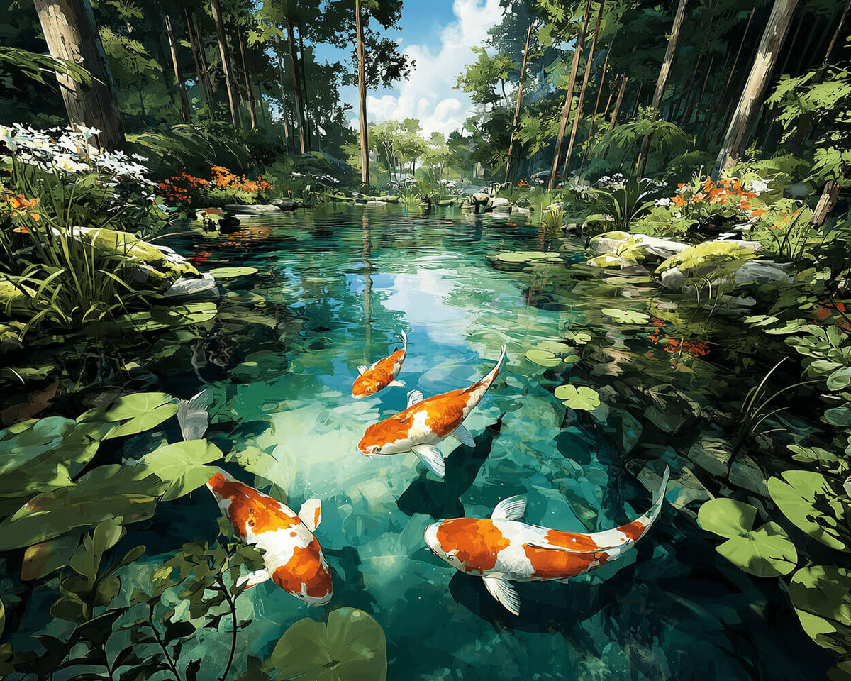 Koi fish swimming in a forest pond paint by numbers kit for beginners