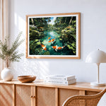 Koi fish swimming in a forest pond paint by numbers artwork displayed on wall as home decor