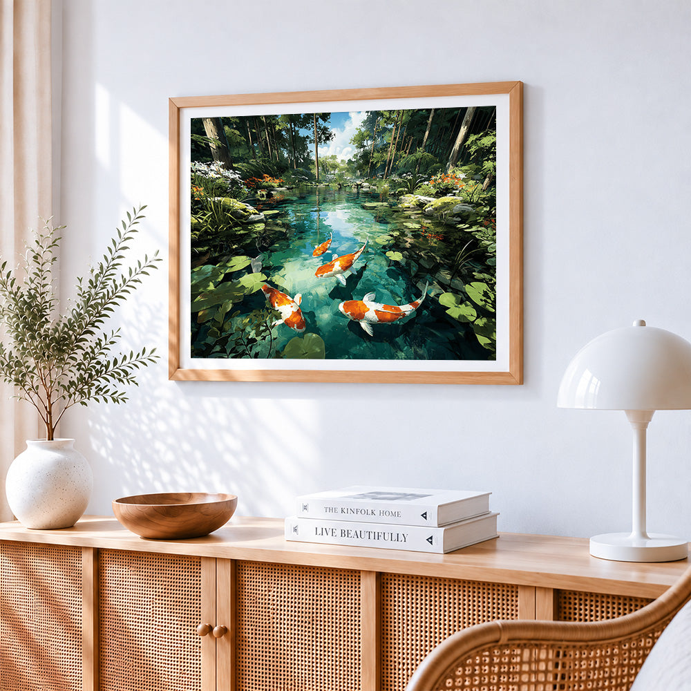 Koi fish swimming in a forest pond paint by numbers artwork displayed on wall as home decor