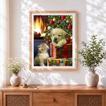Finished labrador puppy and kitten on christmas presents cross stitch artwork displayed