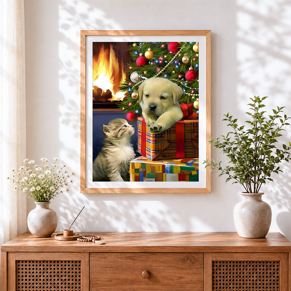 Finished labrador puppy and kitten on christmas presents cross stitch artwork displayed