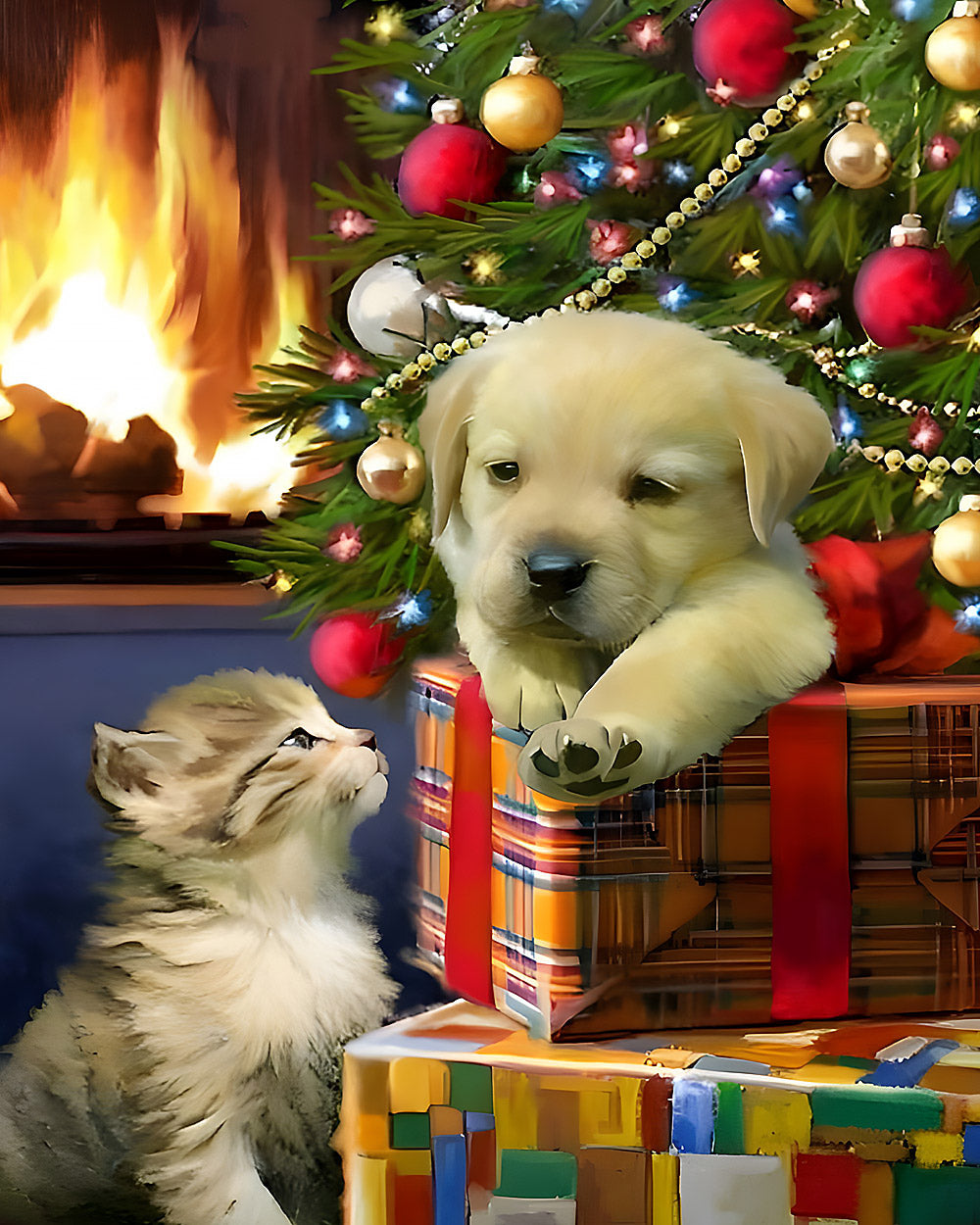 Labrador puppy and kitten on christmas presents cross stitch kit for beginners