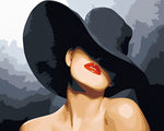 Lady in a black hat with red lips paint by numbers kit for beginners