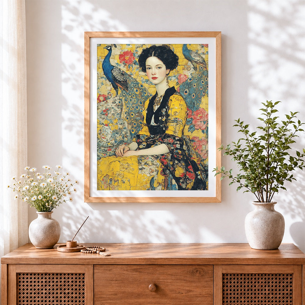 Finished lady in gold with azure peacocks cross stitch artwork displayed