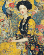 Lady in gold with azure peacocks cross stitch kit for beginners