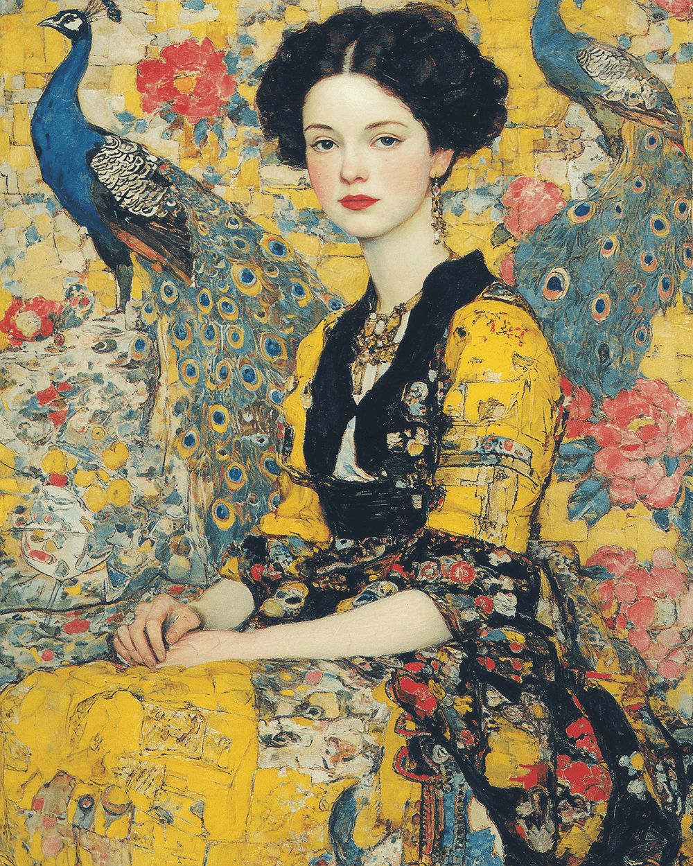 Lady in gold with azure peacocks cross stitch kit for beginners