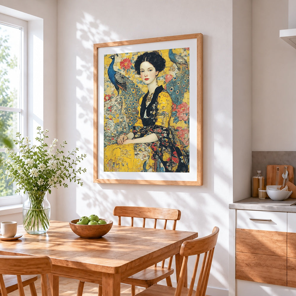 Lady in gold with azure peacocks cross stitch artwork displayed on wall as home decor