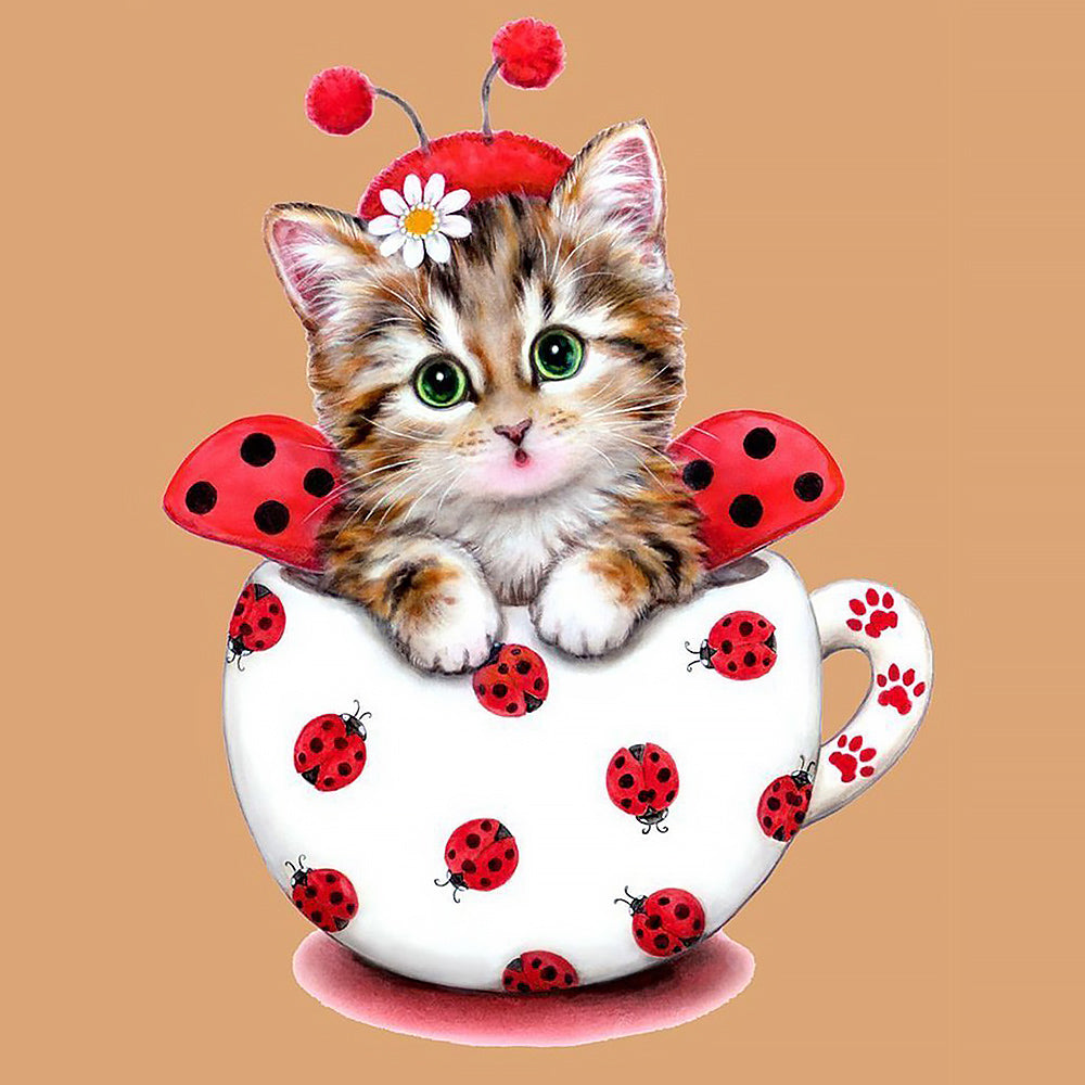 Ladybird cat in teacup cross stitch kit for beginners