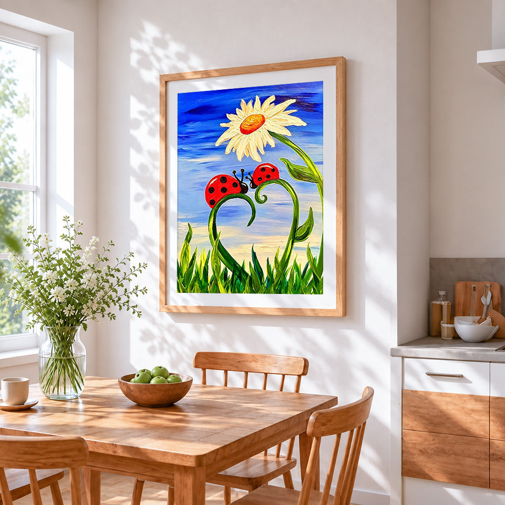 Ladybirds and daisy flower cross stitch artwork displayed on wall as home decor