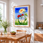 Ladybirds and daisy flower cross stitch artwork displayed on wall as home decor