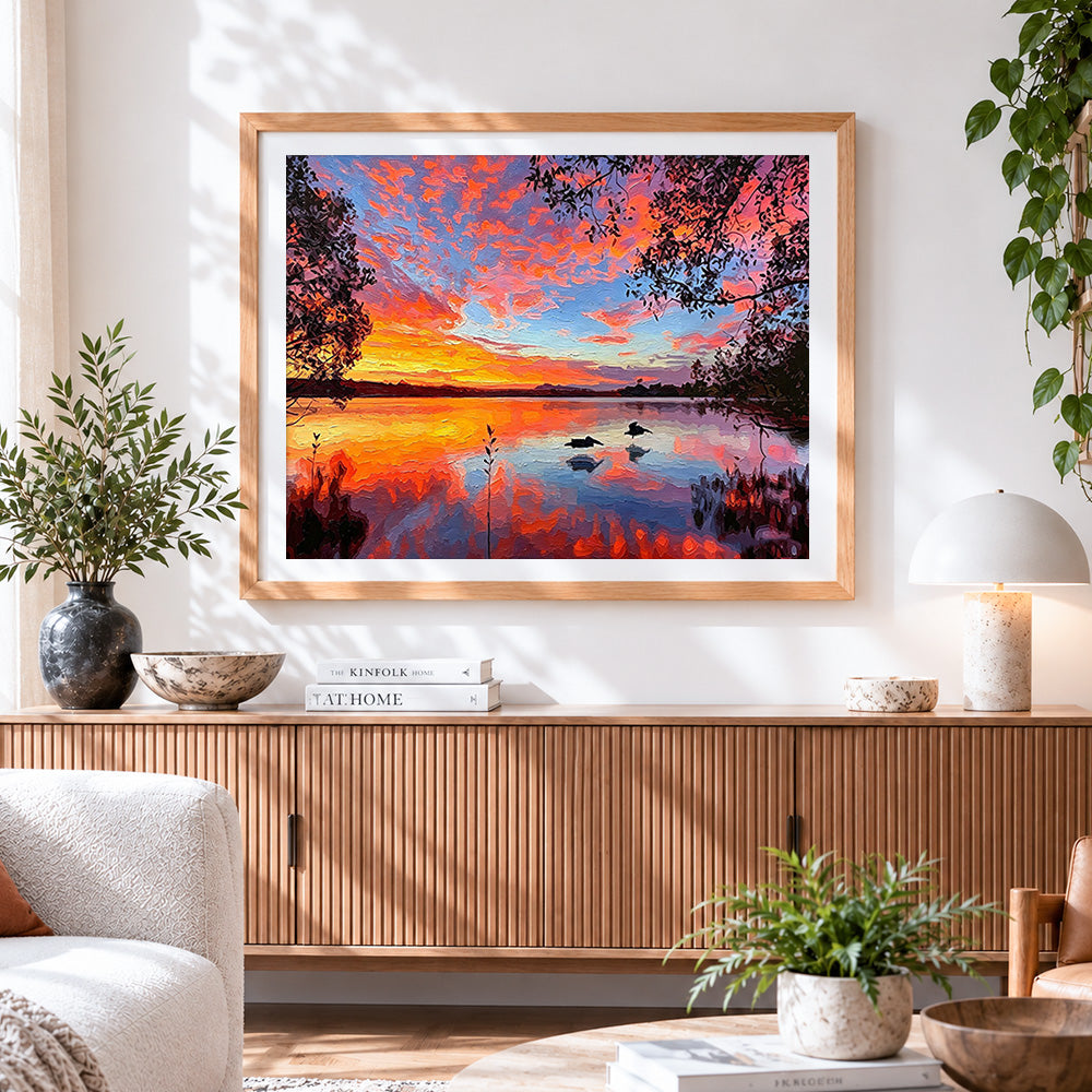 Finished lake at sunset cross stitch artwork displayed