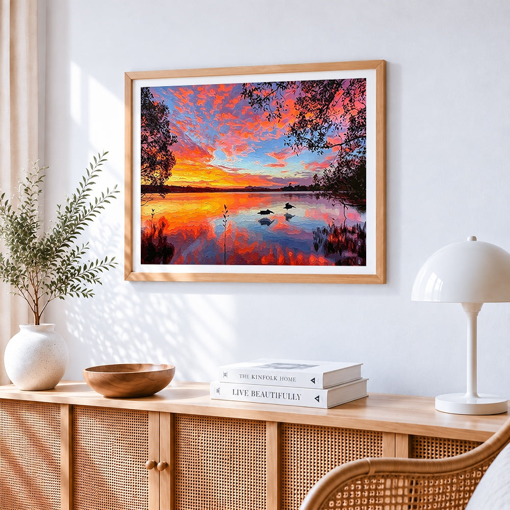 Lake at sunset cross stitch artwork displayed on wall as home decor