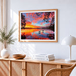 Lake at sunset paint by numbers artwork displayed on wall as home decor