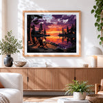 Finished lakeside campfire at sunset cross stitch artwork displayed