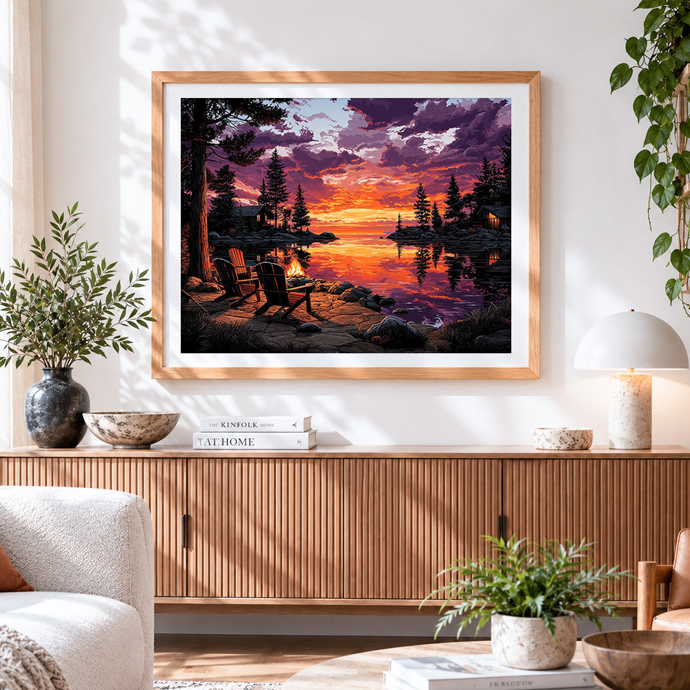 Finished lakeside campfire at sunset paint by numbers artwork displayed as home decor