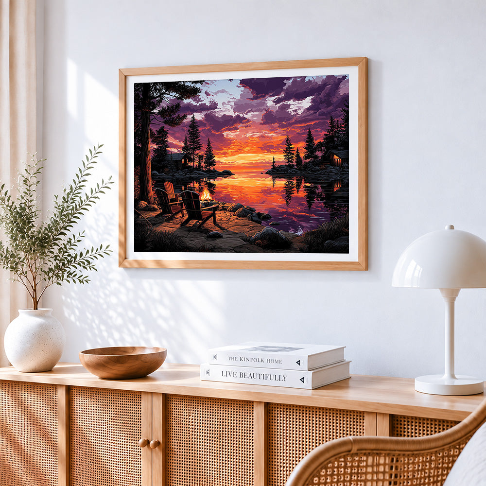 Lakeside campfire at sunset paint by numbers artwork displayed on wall as home decor
