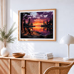 Lakeside campfire at sunset paint by numbers artwork displayed on wall as home decor