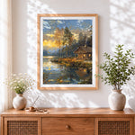 Finished lakeside log cabin at sunset cross stitch artwork displayed