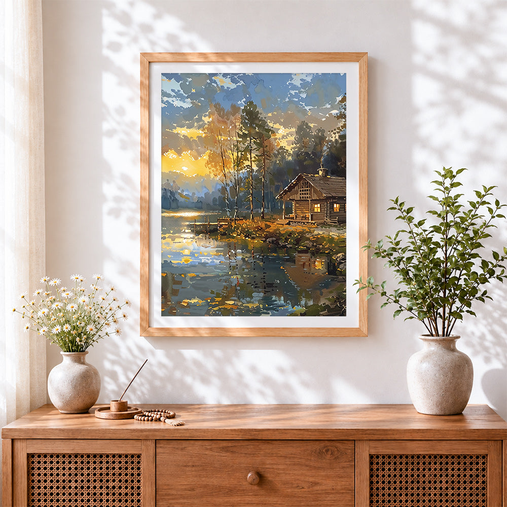 Finished lakeside log cabin at sunset cross stitch artwork displayed
