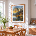 Lakeside log cabin at sunset cross stitch artwork displayed on wall as home decor