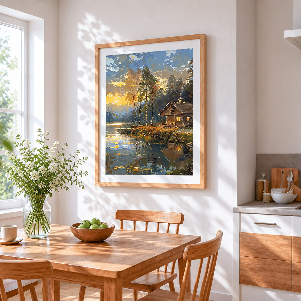 Lakeside log cabin at sunset cross stitch artwork displayed on wall as home decor