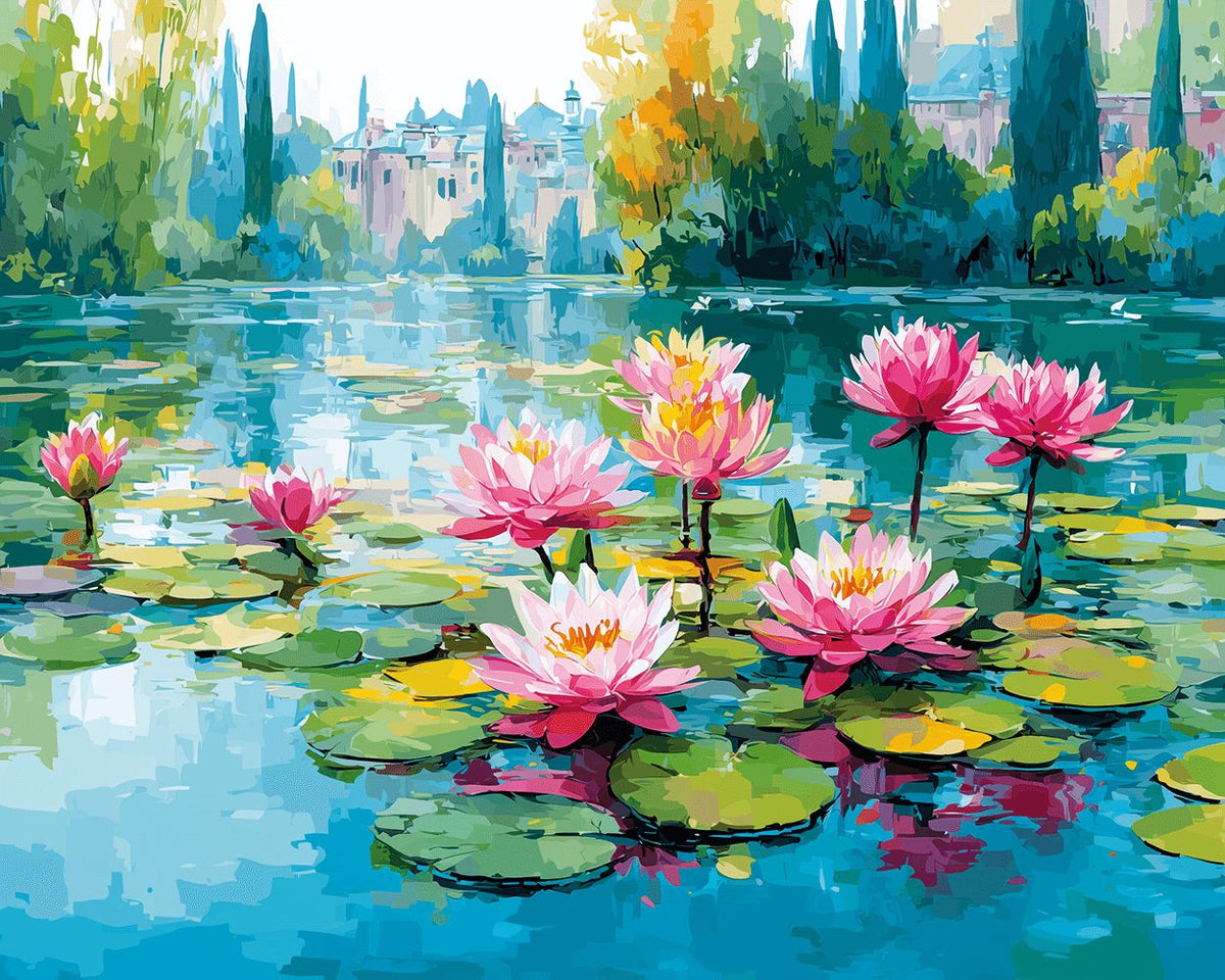 Lakeside water lilies and distant houses cross stitch kit for beginners