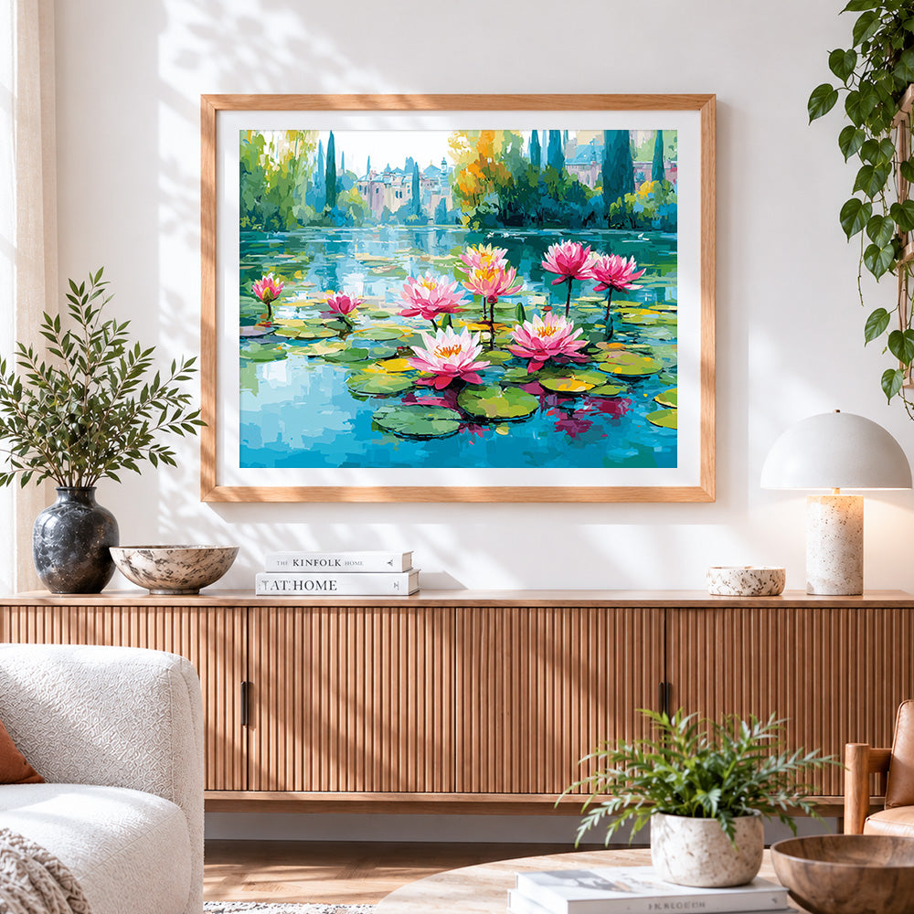 Finished lakeside water lilies and distant houses paint by numbers artwork displayed as home decor