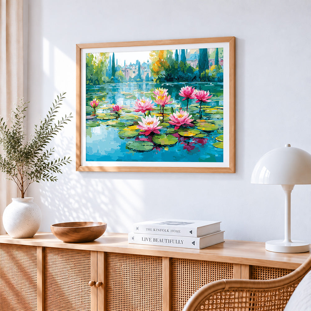 Lakeside water lilies and distant houses paint by numbers artwork displayed on wall as home decor
