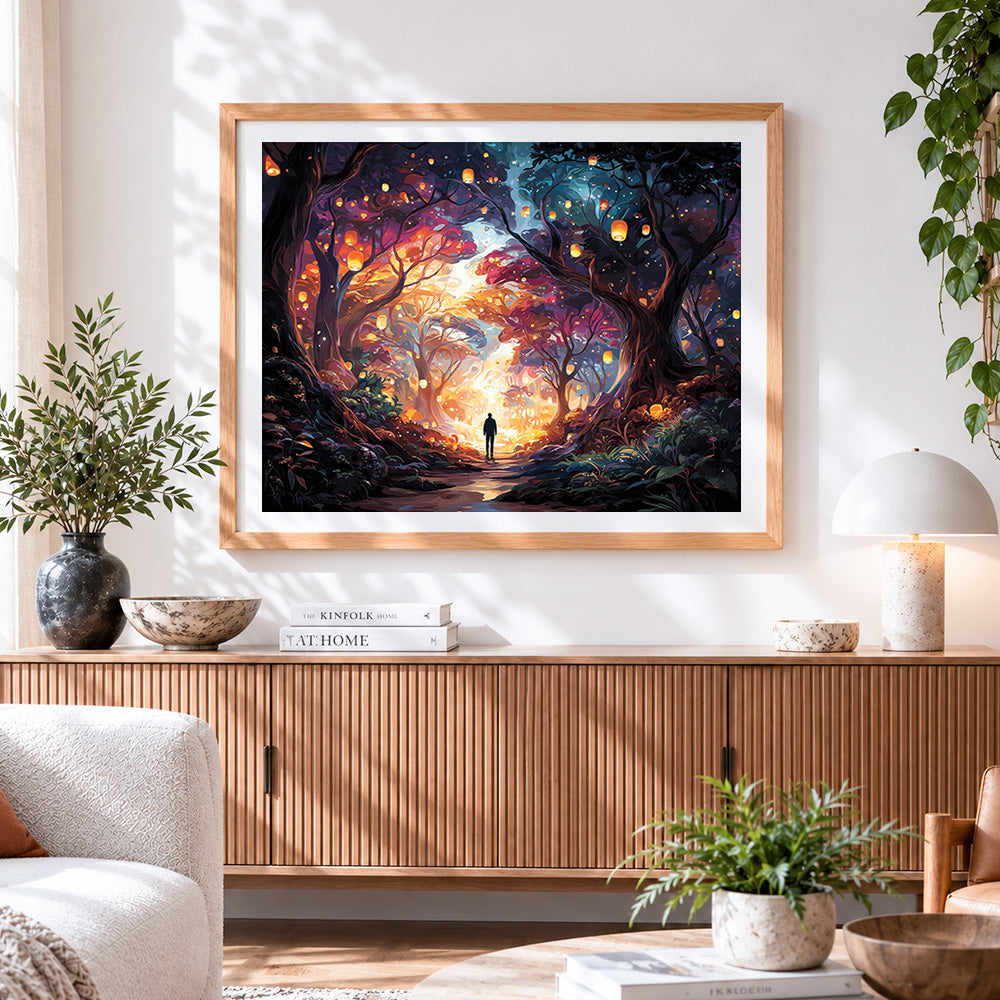 Finished lantern lit forest path cross stitch artwork displayed