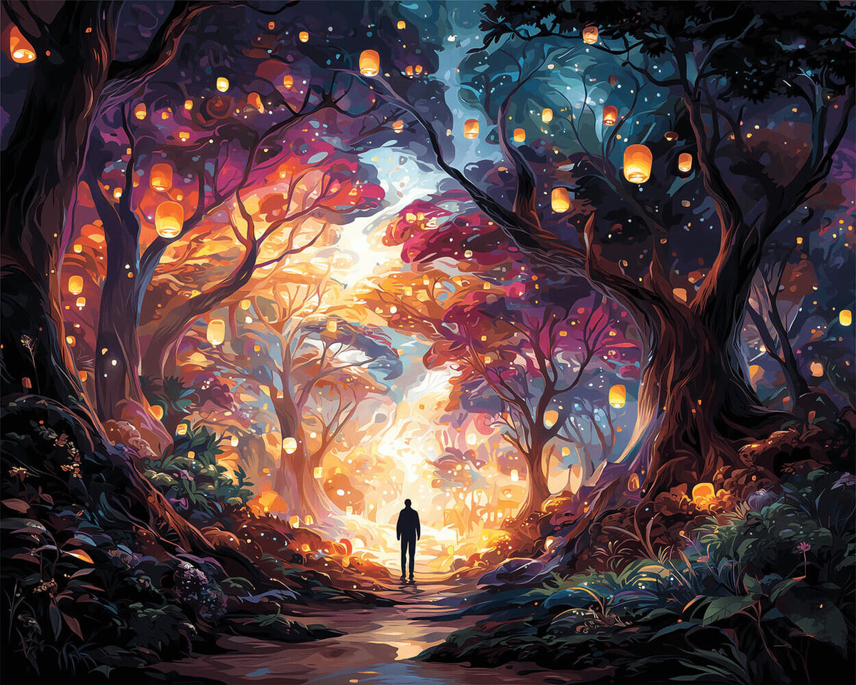 Lantern lit forest path cross stitch kit for beginners