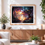 Finished lantern lit forest path paint by numbers artwork displayed as home decor