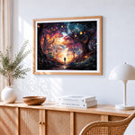 Lantern lit forest path paint by numbers artwork displayed on wall as home decor