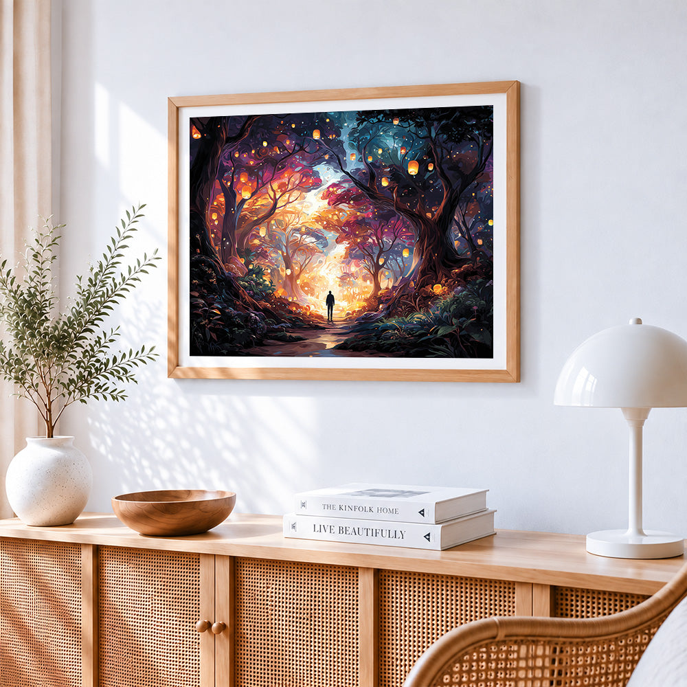Lantern lit forest path paint by numbers artwork displayed on wall as home decor
