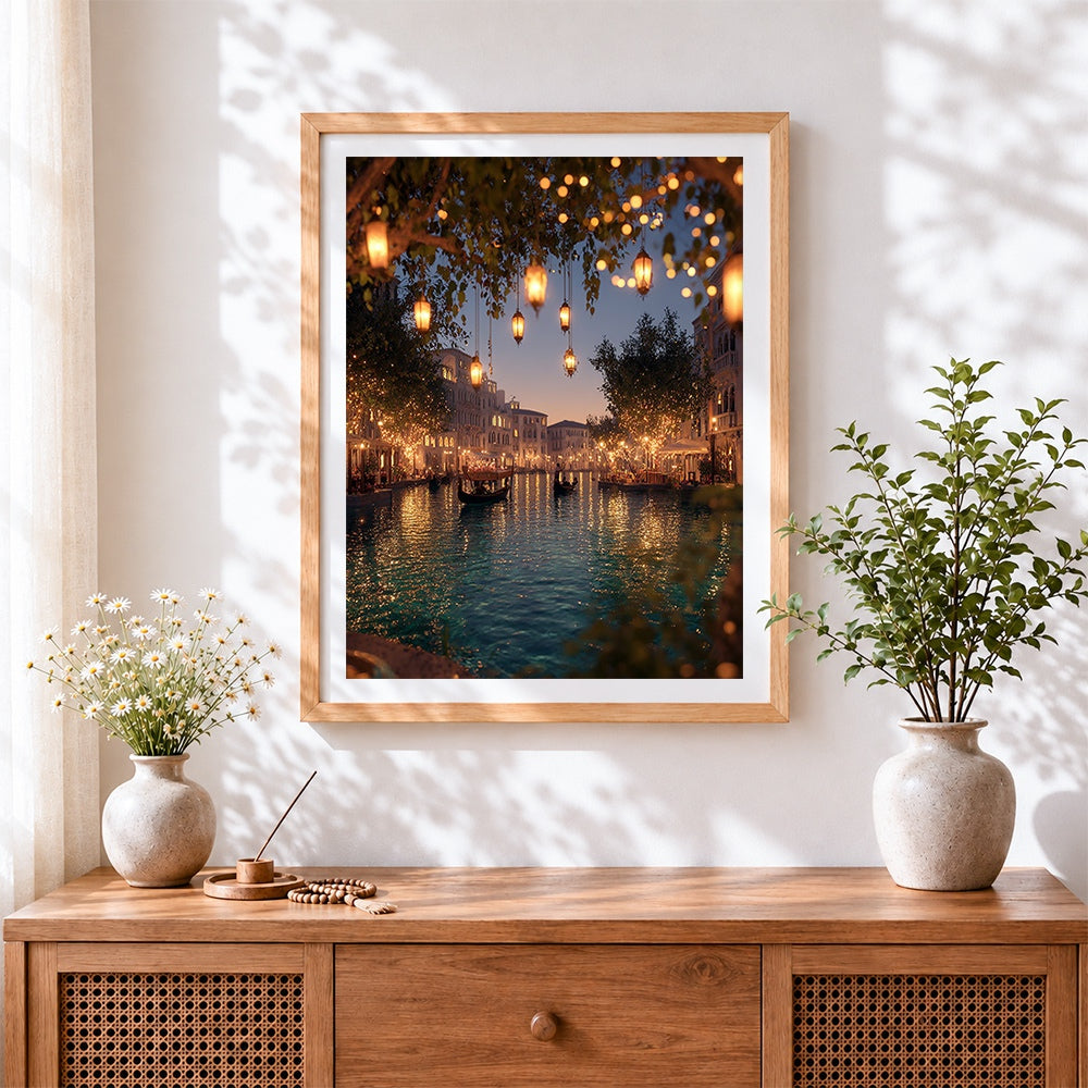 Finished lanterns and lullabies in venice cross stitch artwork displayed