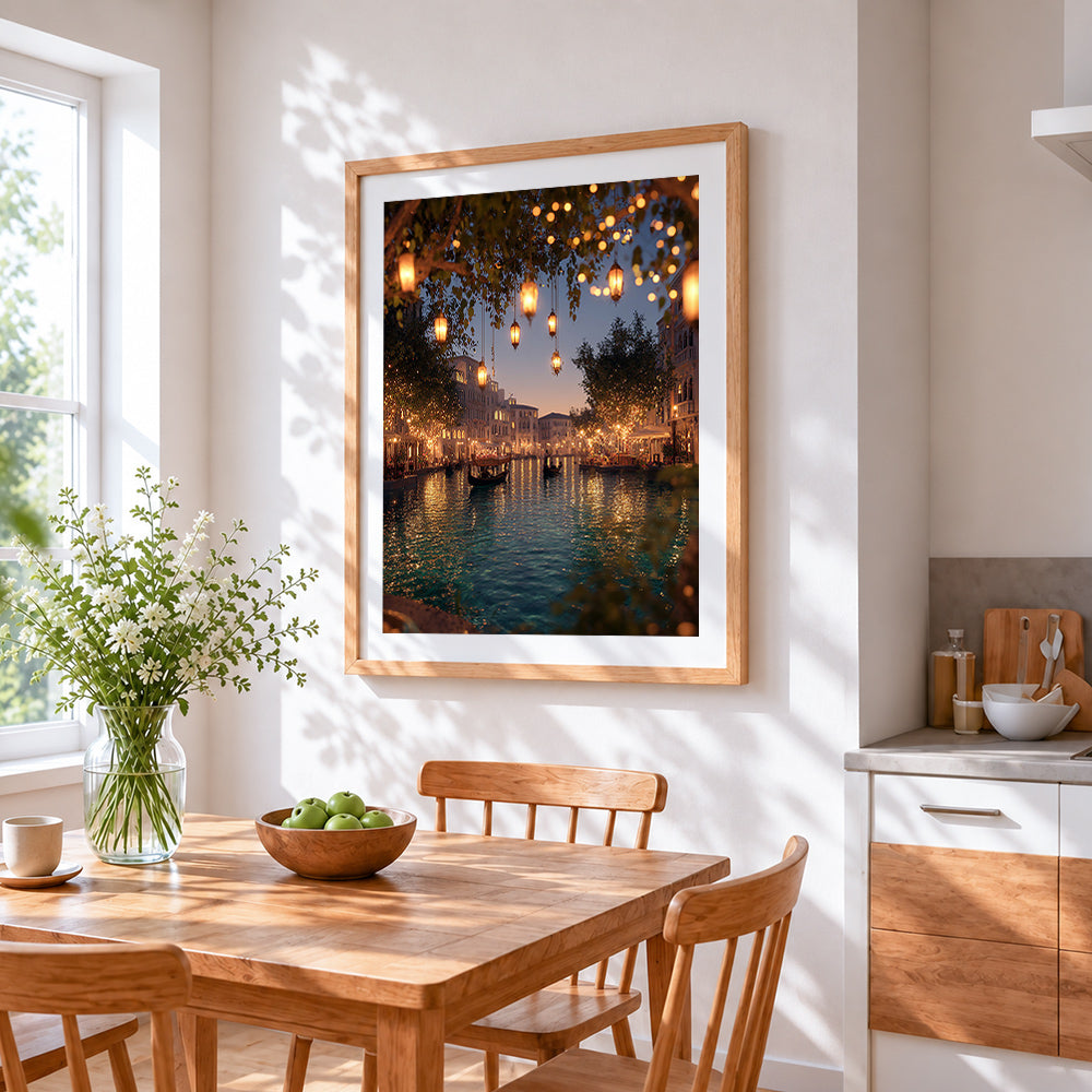 Lanterns and lullabies in venice cross stitch artwork displayed on wall as home decor