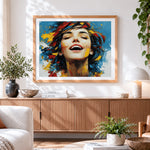 Finished laughing woman paint by numbers artwork displayed as home decor