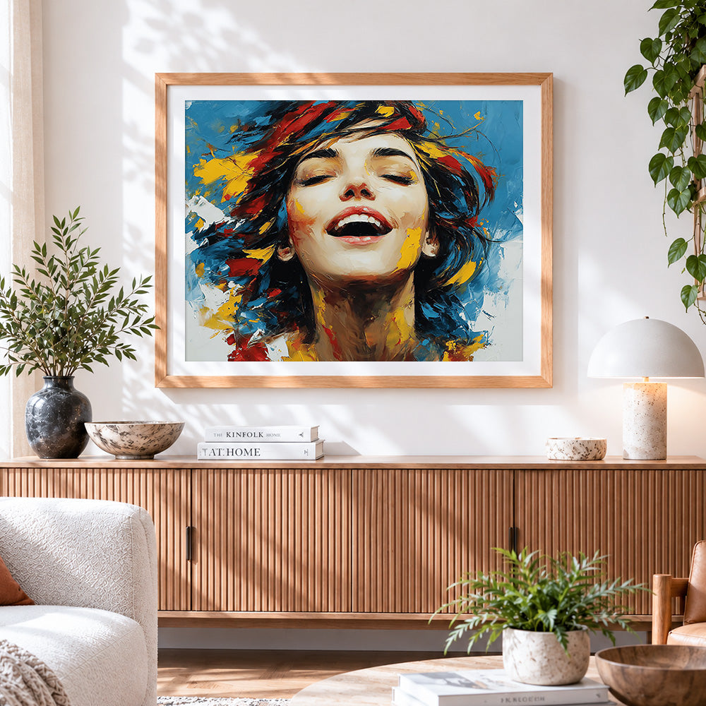 Finished laughing woman paint by numbers artwork displayed as home decor