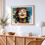 Laughing woman paint by numbers artwork displayed on wall as home decor
