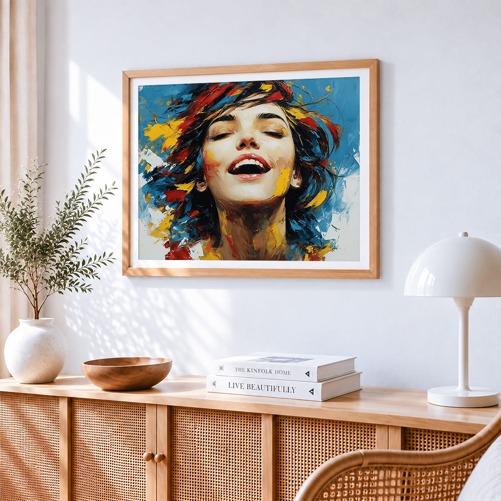 Laughing woman paint by numbers artwork displayed on wall as home decor