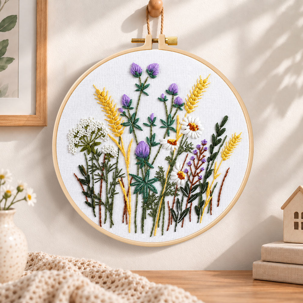 Lavender and wheat bouquet embroidery hoop wall art displayed as warm and cosy handmade home decor