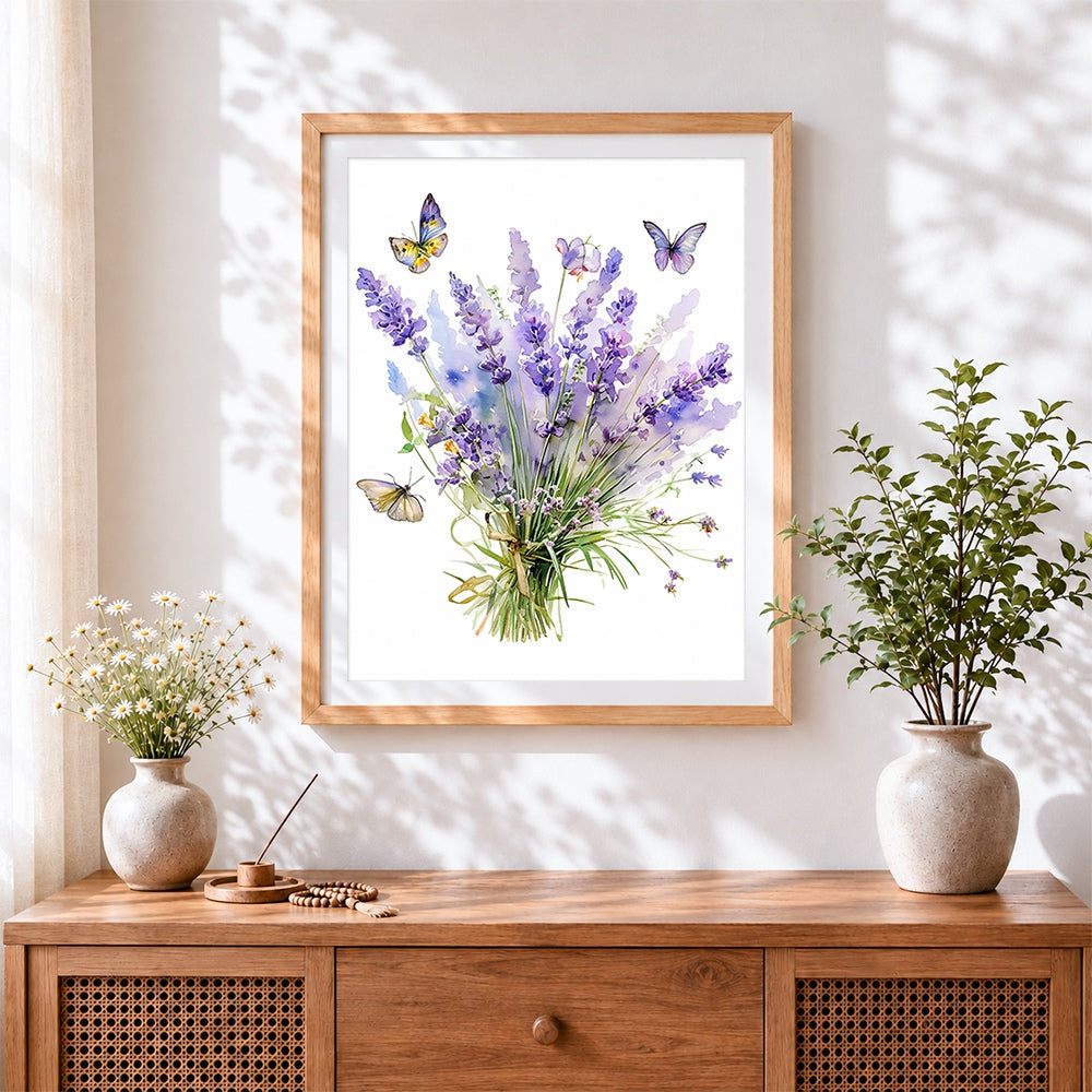 Finished lavender bouquet with butterflies cross stitch artwork displayed