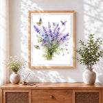 Finished lavender bouquet with butterflies cross stitch artwork displayed