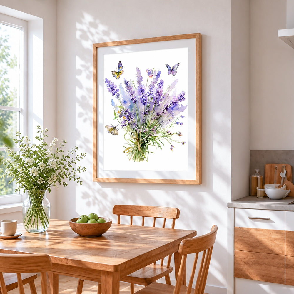Lavender bouquet with butterflies cross stitch artwork displayed on wall as home decor