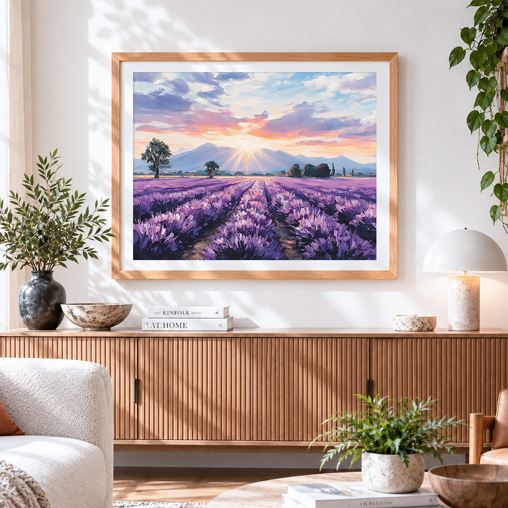 Finished lavender field and mountain cross stitch artwork displayed